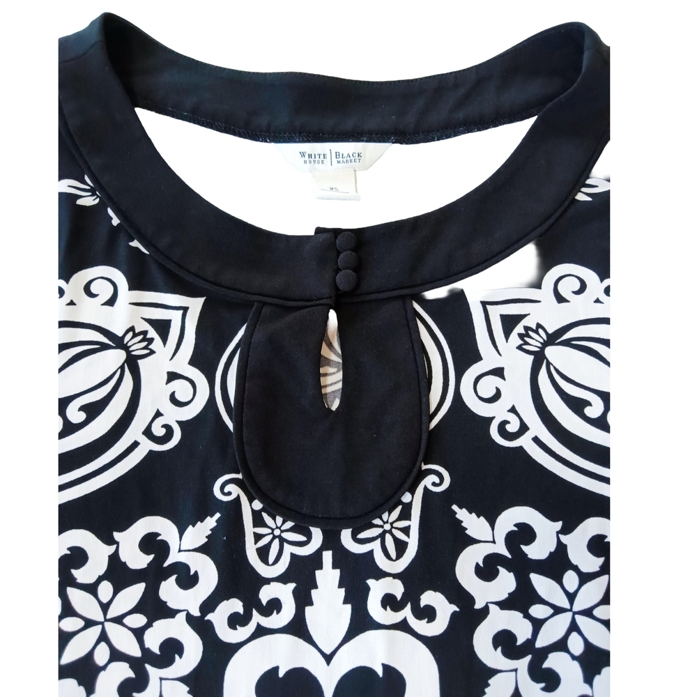 XS Elegant Black and White 3/4"  Sleeve Dress With Keyhole Neckline Xs - Picture 5 of 6